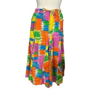 Vintage 80s Metro Style Midi Skirt Pink Orange Blue Multi Cotton Women’s Size XL